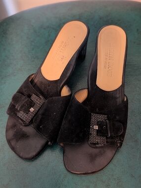 Taryn Rose Black Suede Slip-On Heeled Mules with Buckle